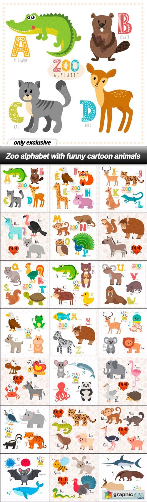 Zoo alphabet with funny cartoon animals - 21 EPS