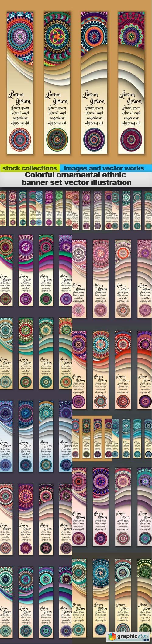 Colorful ornamental ethnic banner set vector illustration, 15 x EPS