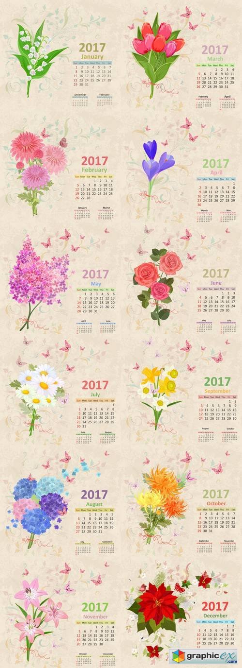 Calendar with Flowers - Grunge Background