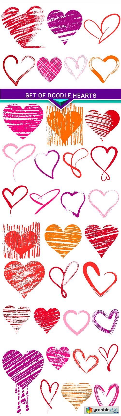 Set of doodle hearts with grunge texture 5X EPS