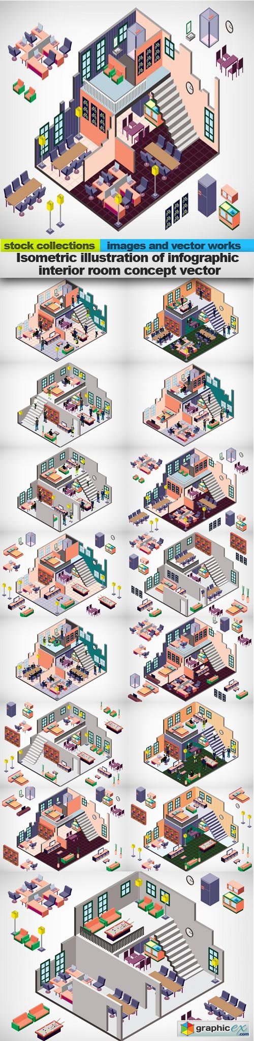 Isometric illustration of infographic interior room concept vector, 15 x EPS