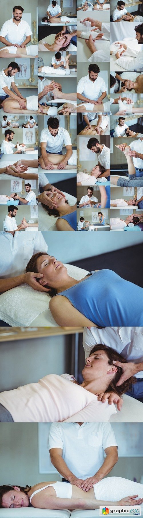 Physiotherapist giving foot massage to a woman and man