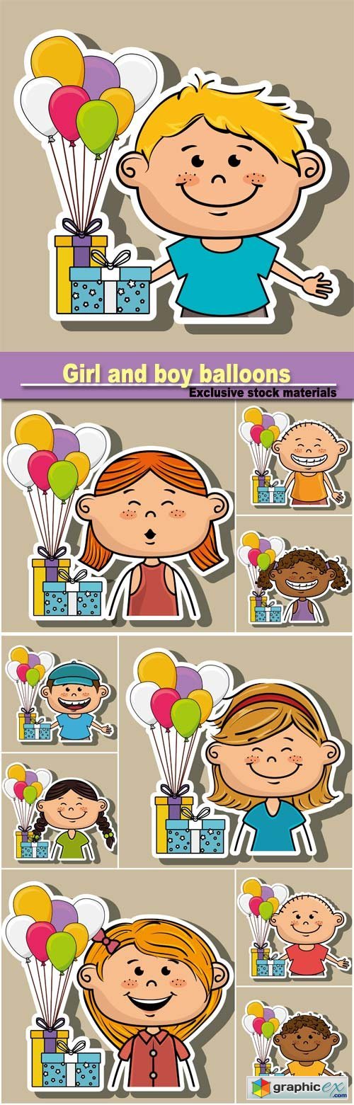 Girl and boy balloons gifts party vector illustration graphic