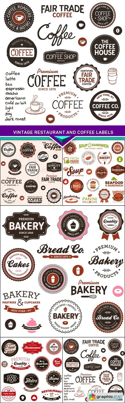 Vintage restaurant and coffee labels 5X EPS