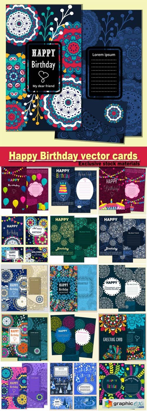 Set Happy Birthday vector cards and envelope. on decorated background