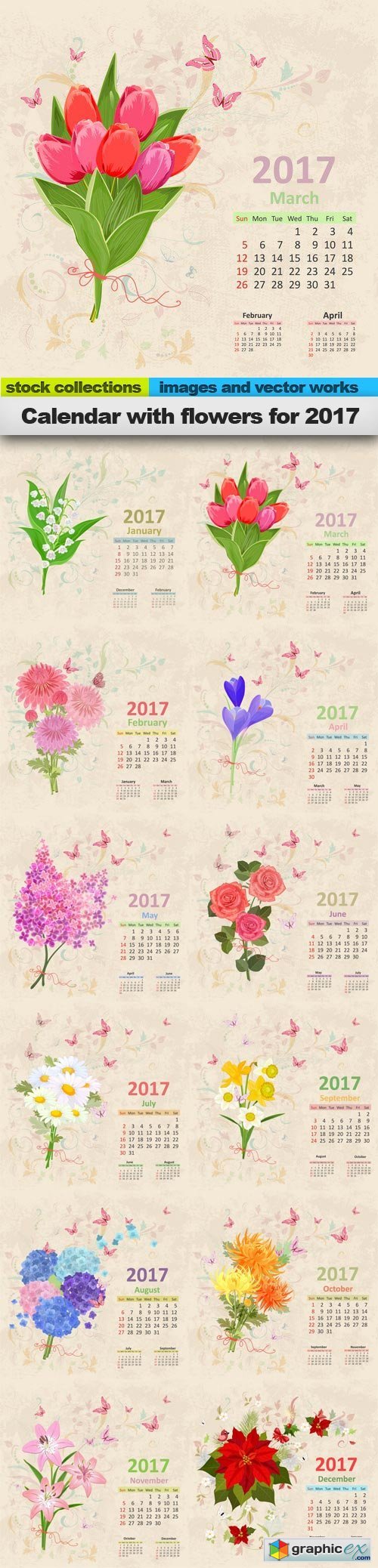 Calendar with flowers for 2017, 12 X EPS