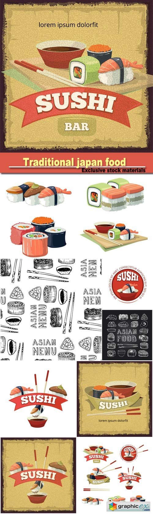 vintage poster with emblem of sushi banners, traditional japan food