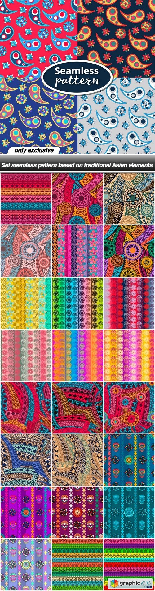 Set seamless pattern based on traditional Asian elements - 25 EPS