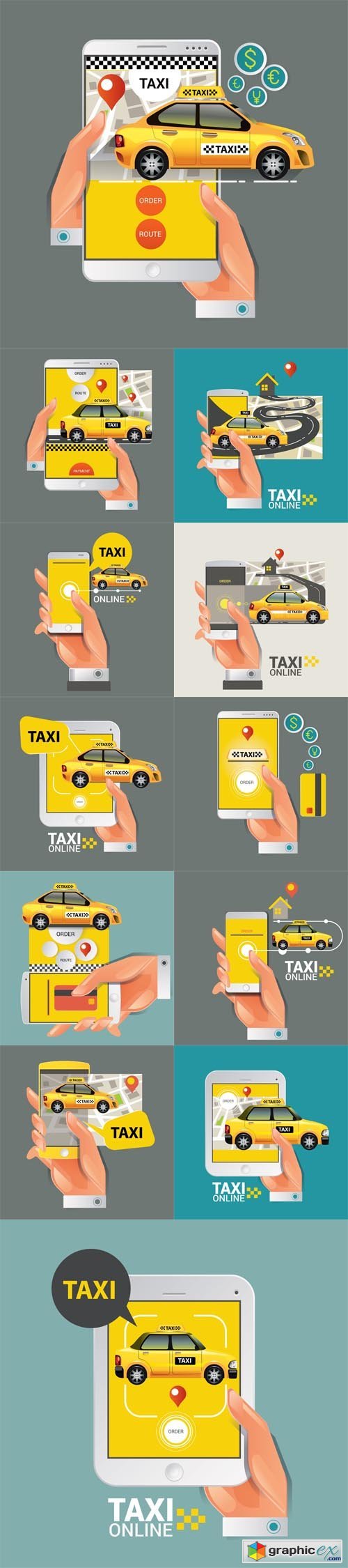 Taxi on line. Taxi sign. Taxi service on smart phone