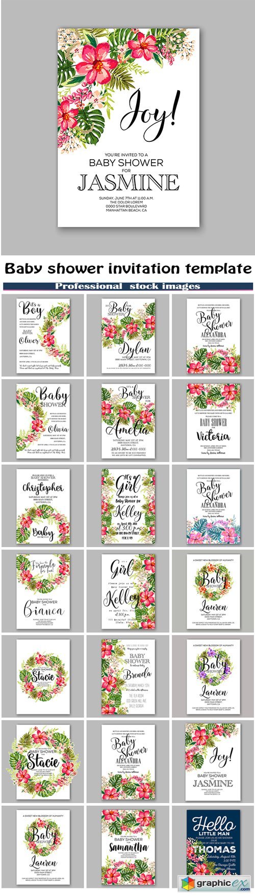 Baby shower invitation template with watercolor tropical flower