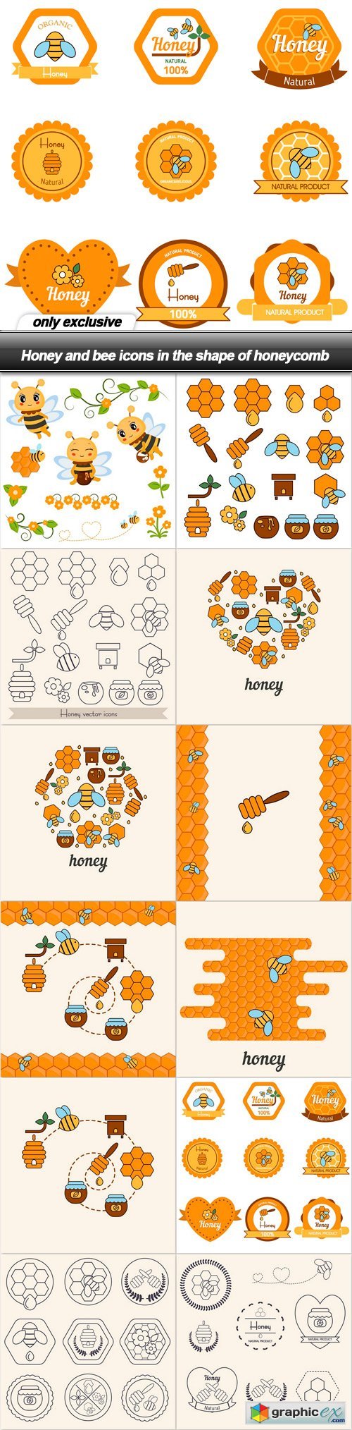 Honey and bee icons in the shape of honeycomb - 12 EPS