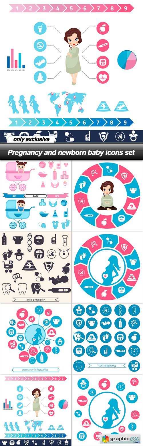 Pregnancy and newborn baby icons set - 8 EPS