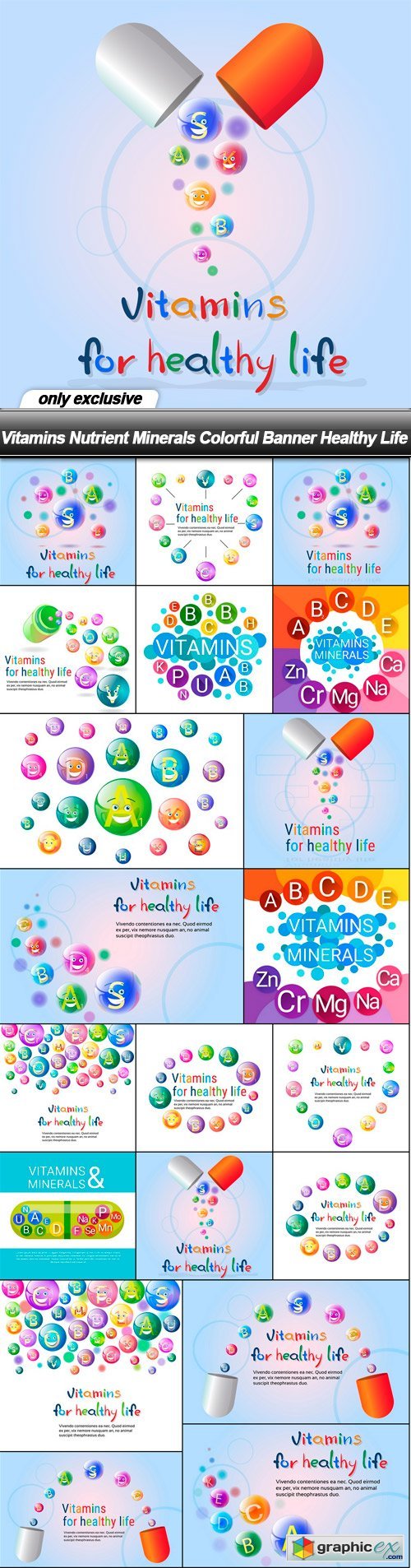 Vitamins Nutrient Minerals Colorful Banner Healthy Life - 20 EPS