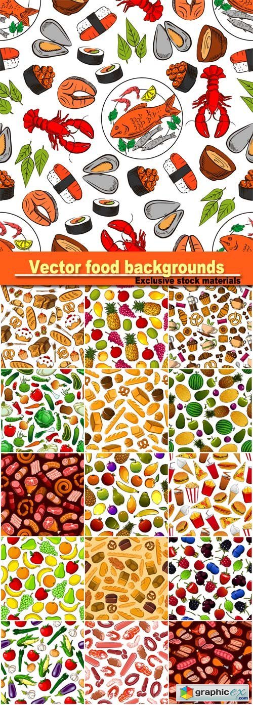 Seamless vector backgrounds food, fruits and vegetables, meat products, seafood