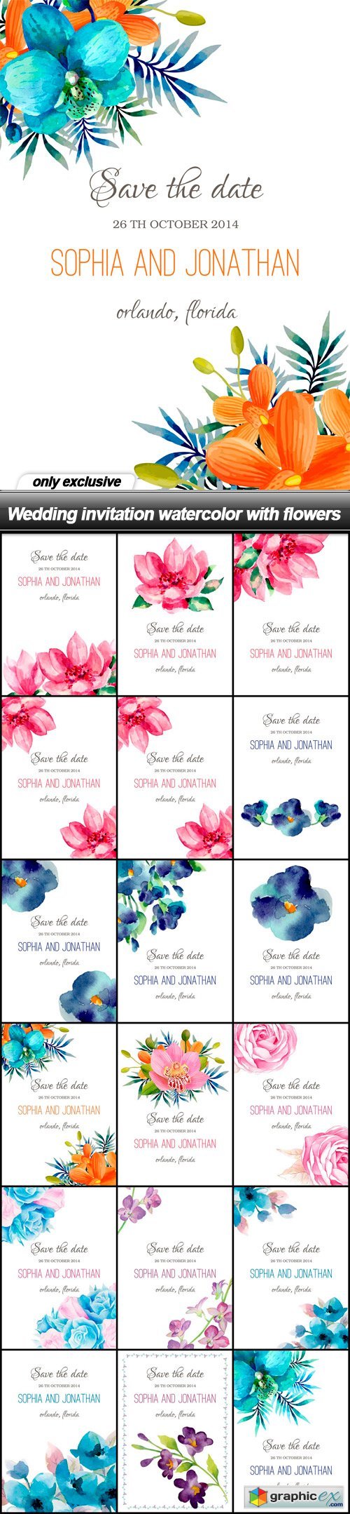 Wedding invitation watercolor with flowers - 18 EPS