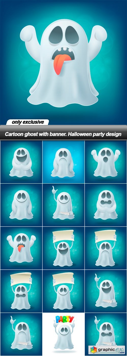 Cartoon ghost with banner. Halloween party design - 15 EPS