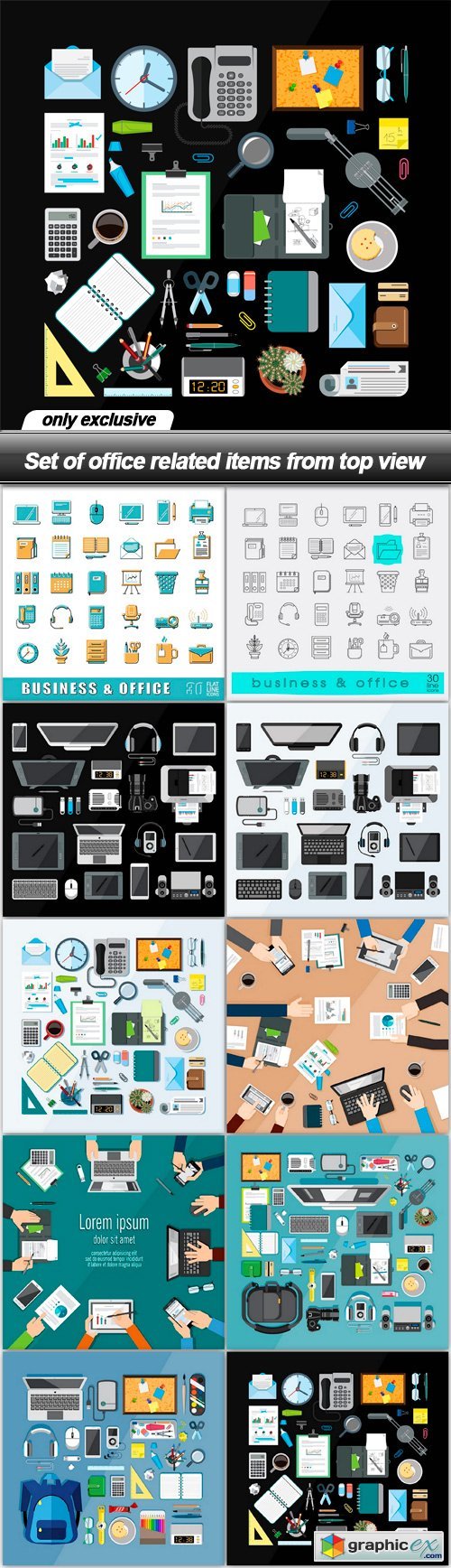 Set of office related items from top view - 10 EPS