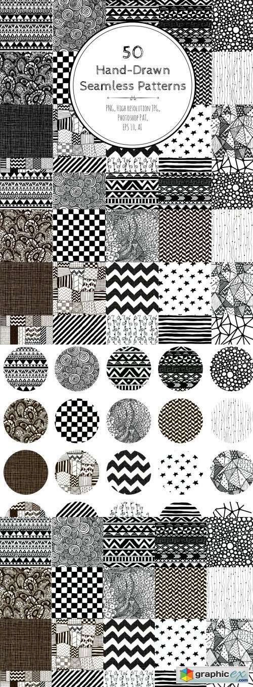 50 Black And White Hand-Drawn Seamless Patterns