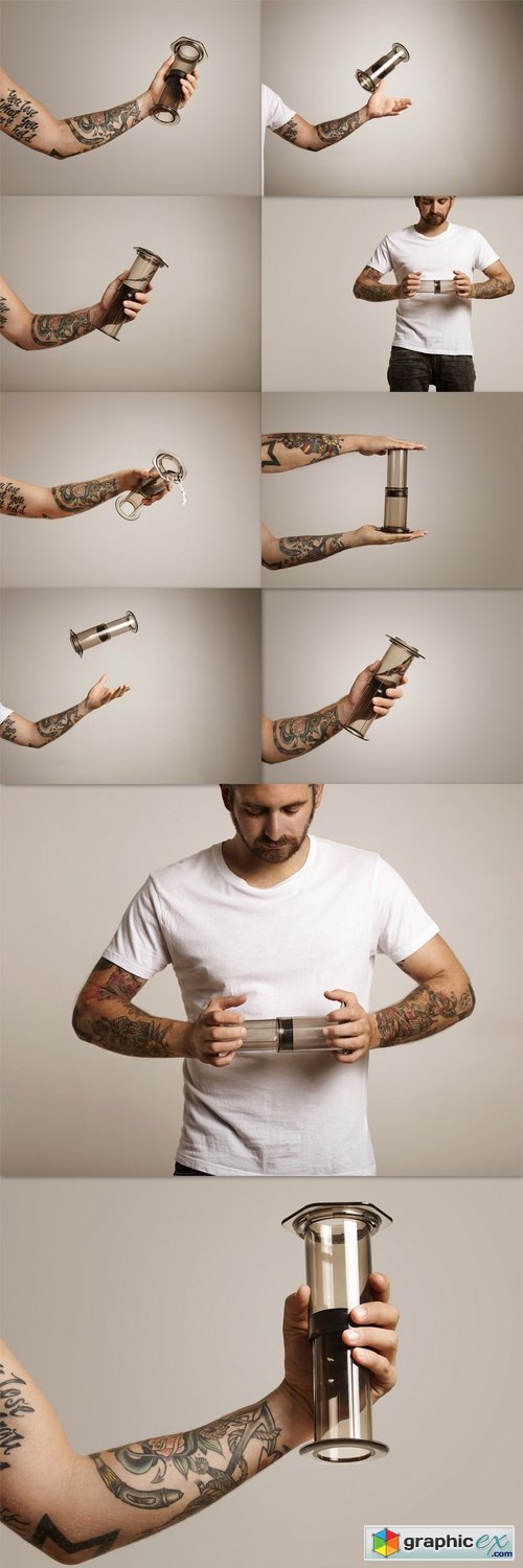 Hipster in white t-shirt holding aeropress