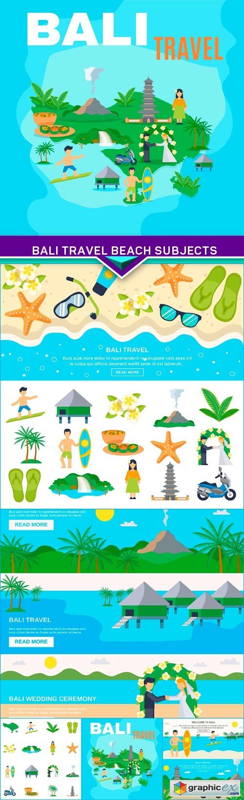 Concept Bali travel beach subjects and tourism goals 5X EPS