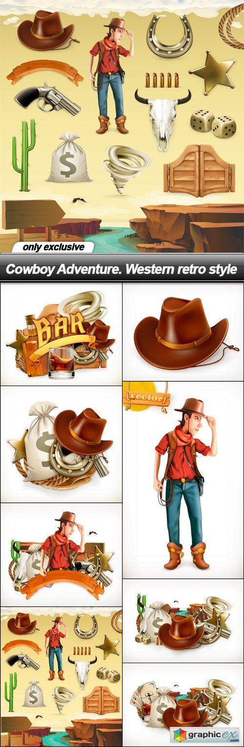 Cowboy Adventure. Western retro style - 8 EPS