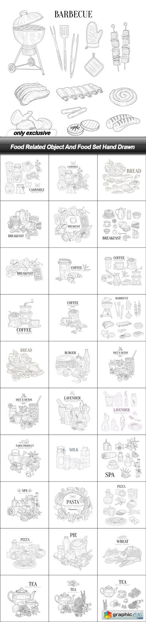 Food Related Object And Food Set Hand Drawn - 30 EPS