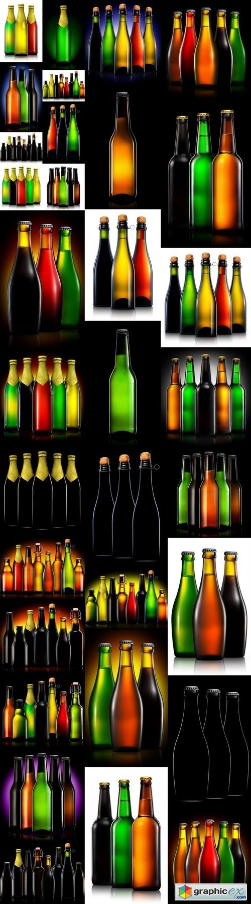 Set of beer bottles with clipping path isolated on black gradient background