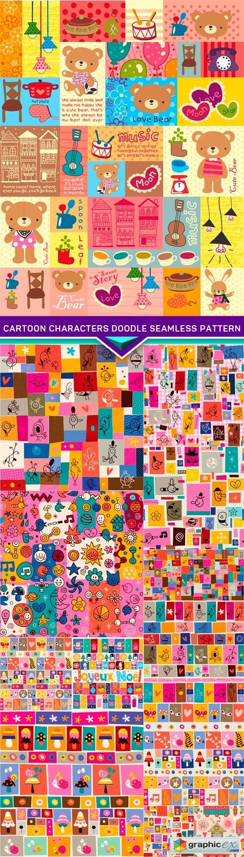 Cartoon characters doodle seamless pattern 14X EPS