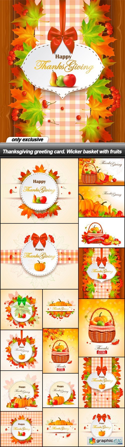 Thanksgiving greeting card. Wicker basket with fruits - 17 EPS