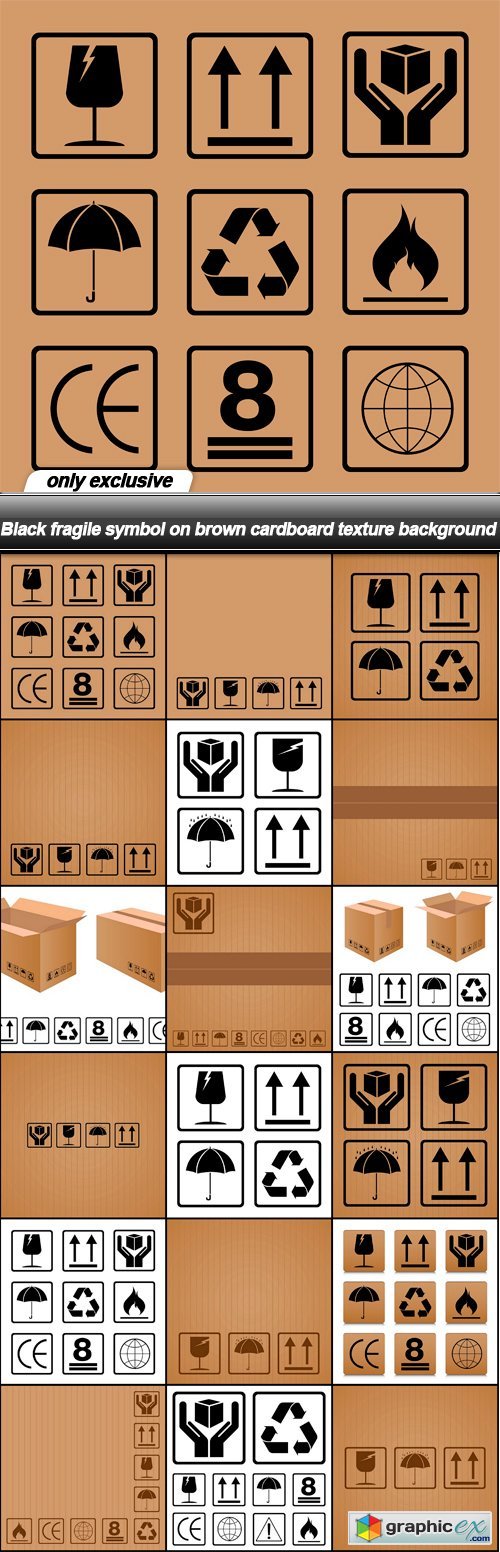 Black fragile symbol on brown cardboard texture background - 18 EPS