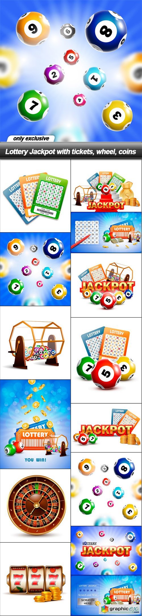 Lottery Jackpot with tickets, wheel, coins - 14 EPS
