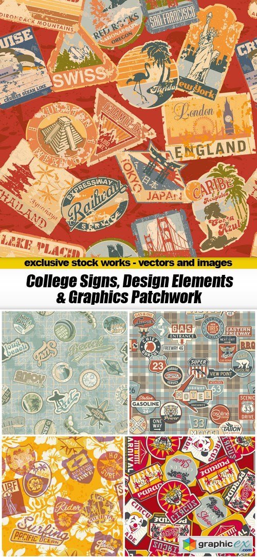 College Signs, Design Elements & Graphics Patchwork - 16xAI
