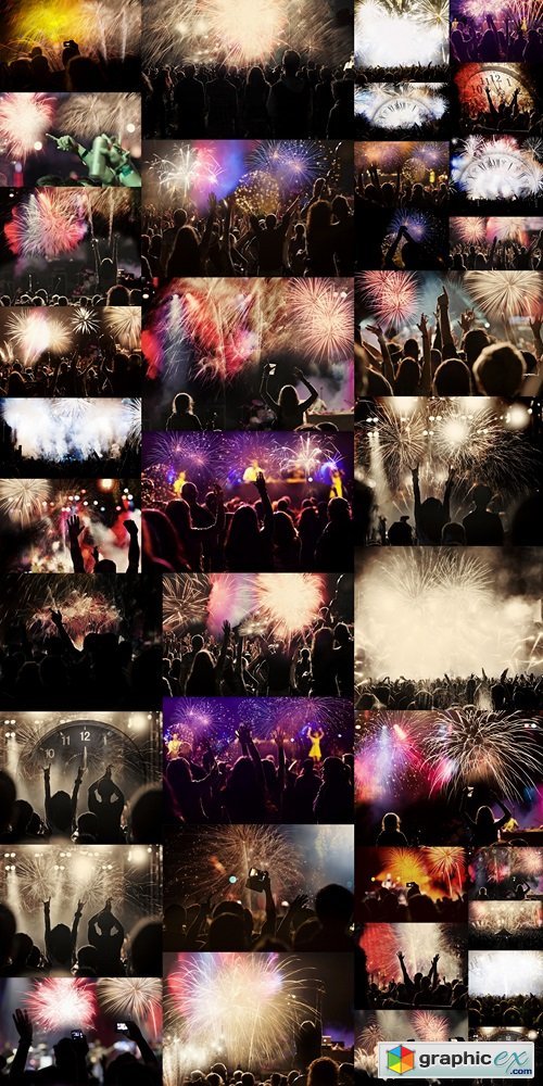 New Year concept - cheering crowd and fireworks