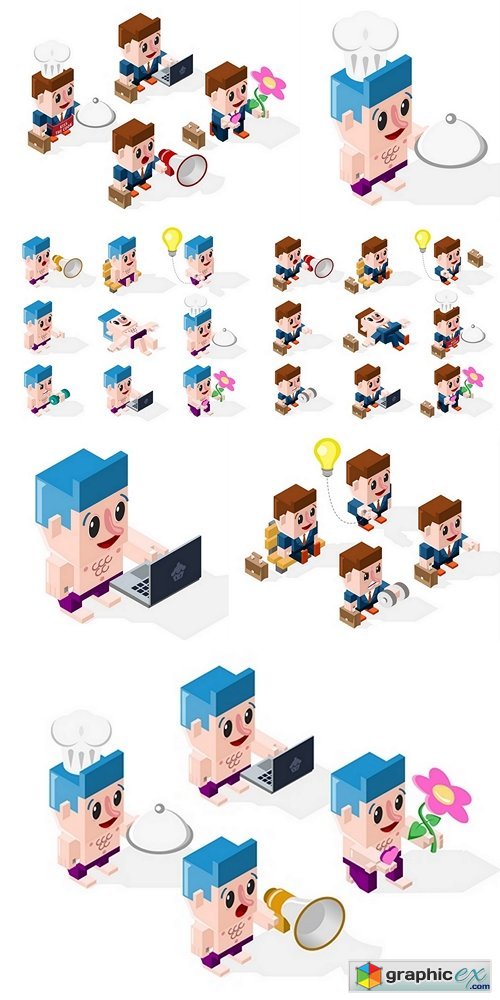 Set of 3D Isometric Cartoon Businessmen in Action on White Background. Isolated Vector Elements