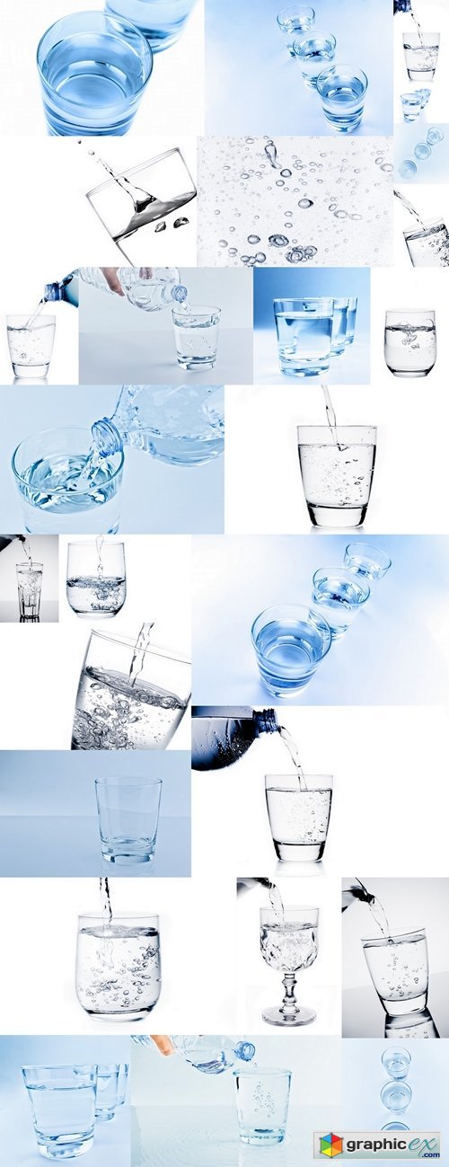 Top of view of drink glasses with water, nutrition and health-care concept
