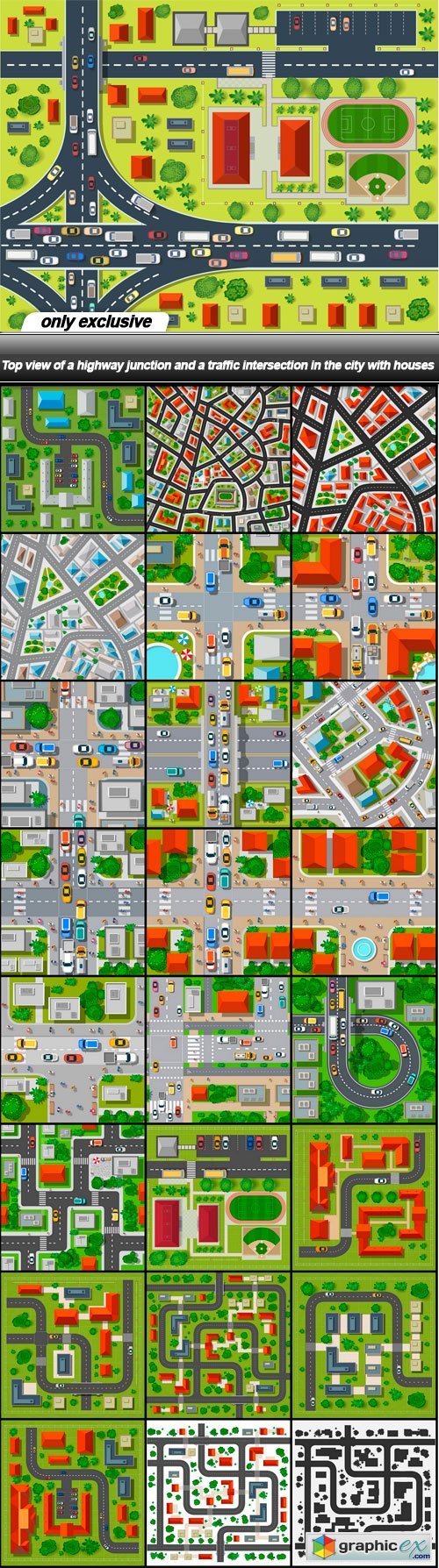 Top view of a highway junction and a traffic intersection in the city with houses - 25 EPS