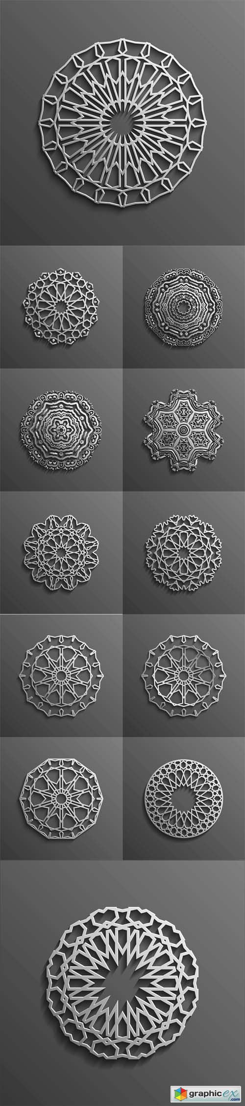 Islamic 3d on dark mandala round ornament background architectural muslim texture design