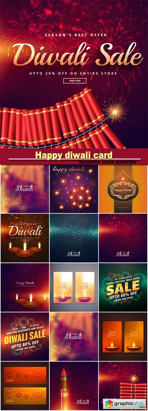 Happy diwali card with lights and lamps, traditional Indian festival
