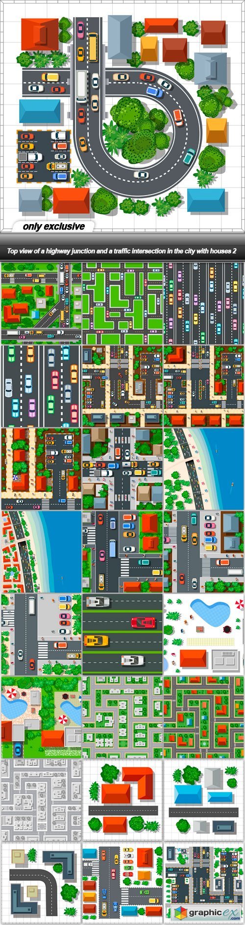 Top view of a highway junction and a traffic intersection in the city with houses 2 - 25 EPS