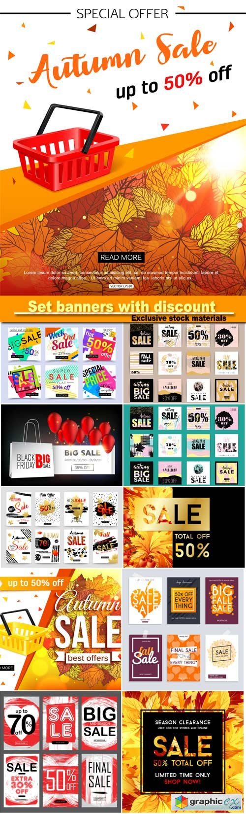 Set media banners with discount offer, shopping background, label for business promotion