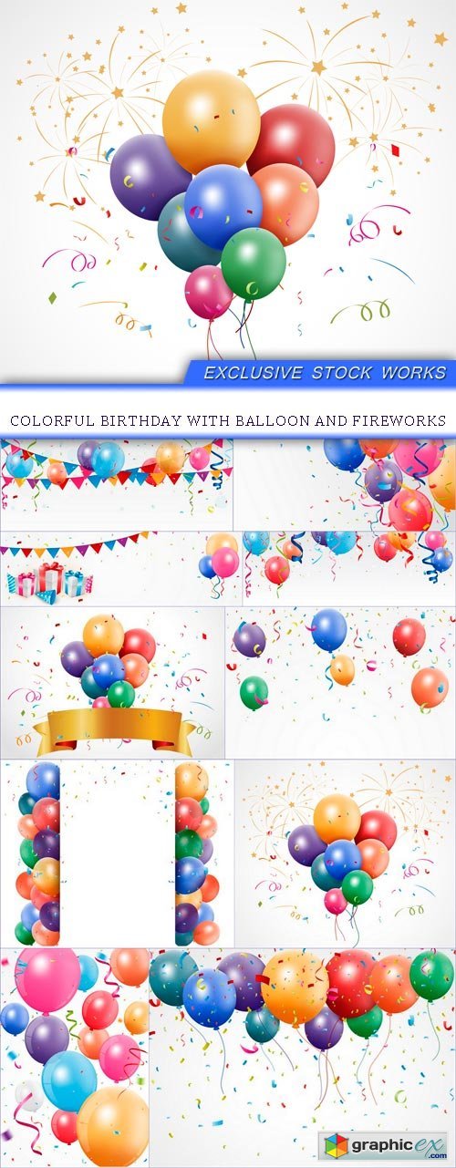 Colorful birthday with balloon and fireworks 10X EPS