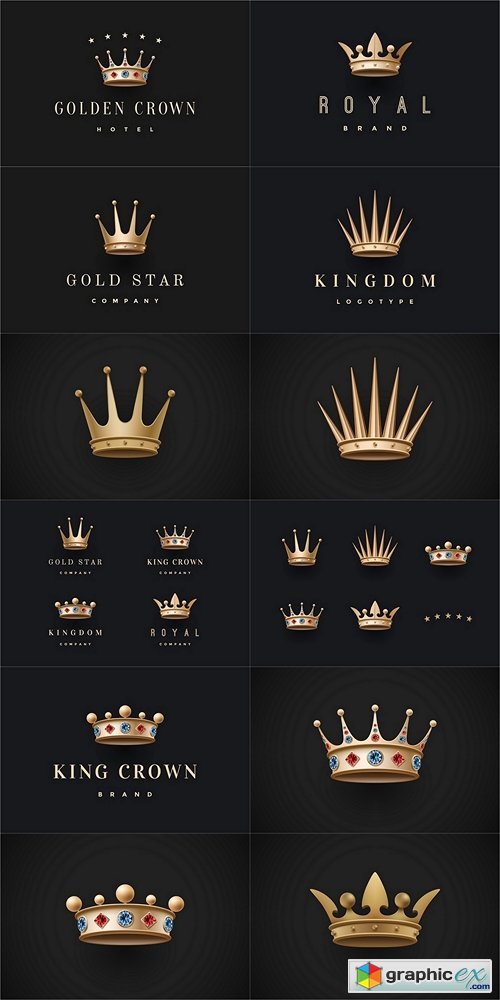 Set of royal gold crowns icons and logos. Isolated luxury logo for branding