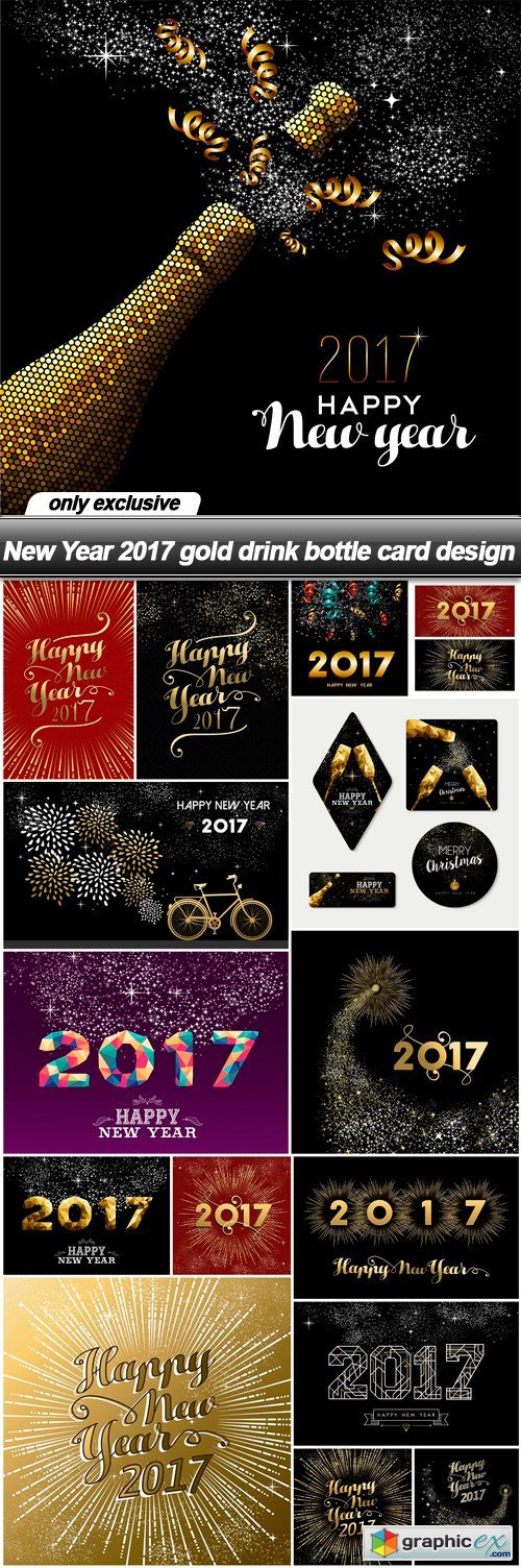 New Year 2017 gold drink bottle card design - 16 EPS