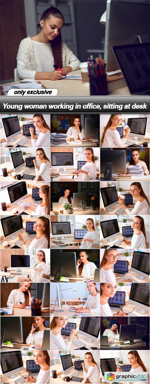Young woman working in office, sitting at desk - 25 EPS