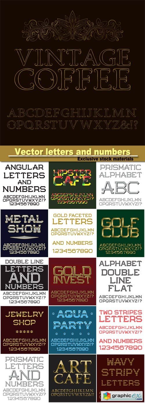 Gold letters and numbers, english alphabet