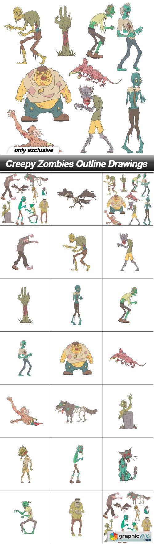 Creepy Zombies Outline Drawings - 20 EPS