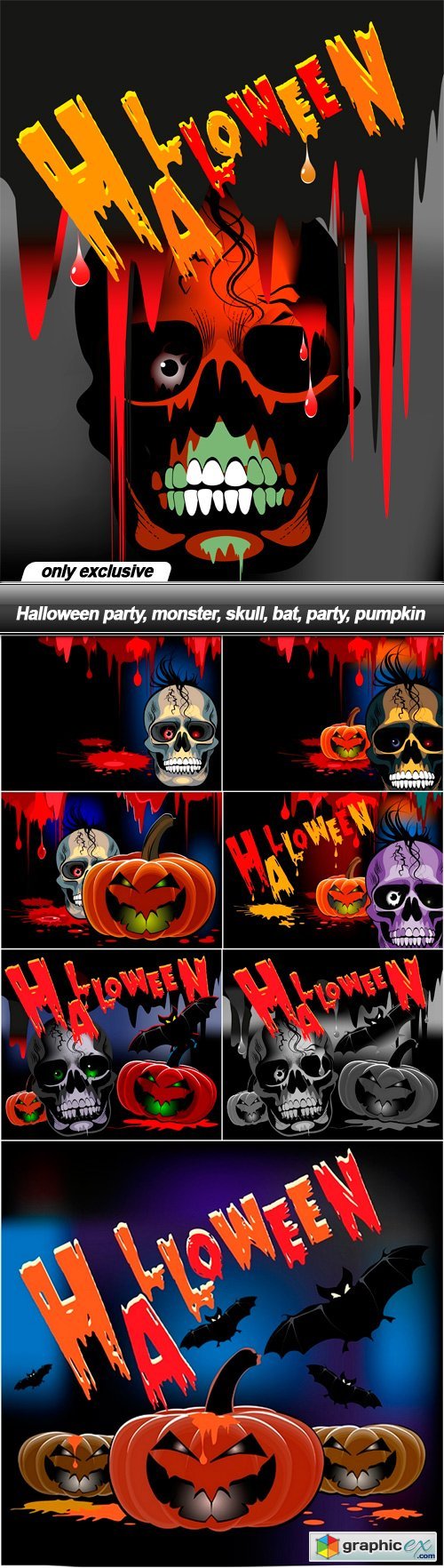 Halloween party, monster, skull, bat, party, pumpkin - 8 EPS