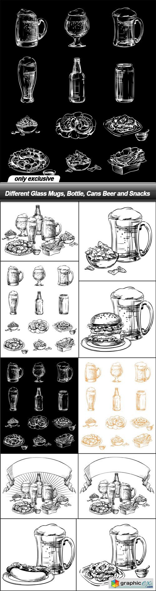 Different Glass Mugs, Bottle, Cans Beer and Snacks - 10 EPS