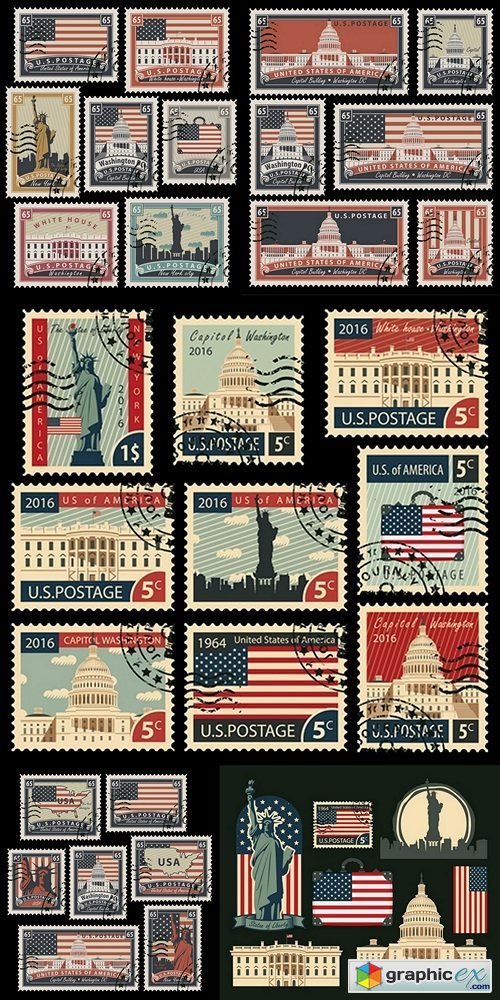 Set of Postage stamps with the image of the United States of America architectural landmarks in retro style