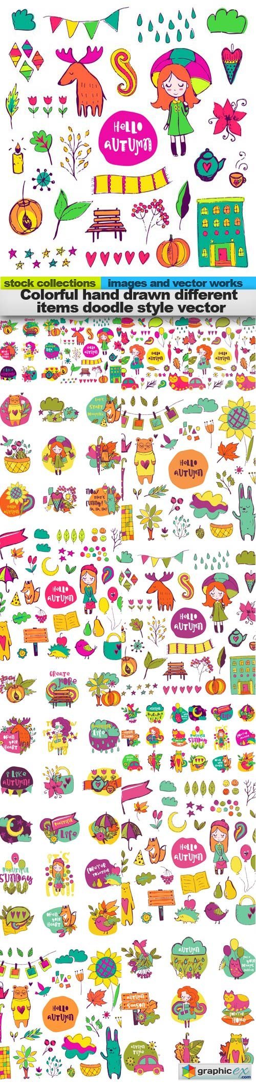 Colorful hand drawn different items doodle style vector, 15 x EPS
